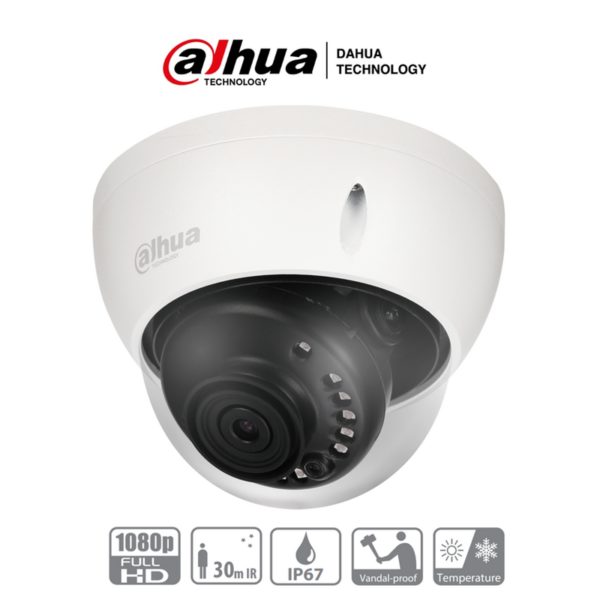 Camara Dahua Domo,2MP, Lente fijo 2,8mm, 4en1 (CVI/TVI/AHD/CVBS), metal, Smart IR30m, IP67 / IK10, 12VDC.