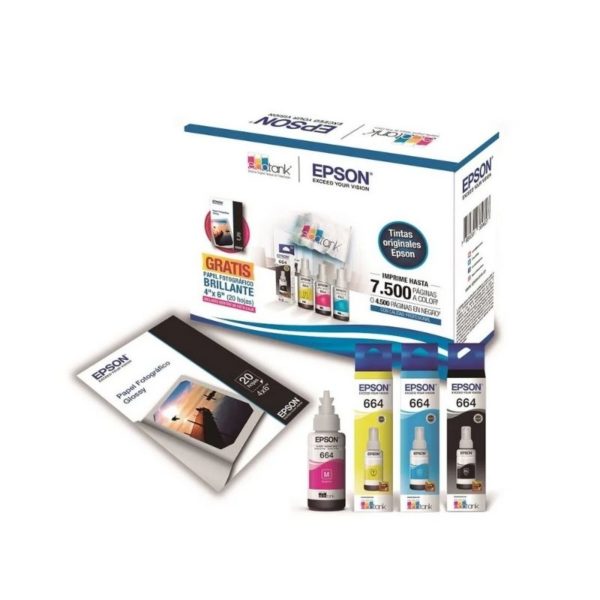 Kit 4 Botellas de Tinta para impresoras EPSON + Papel Fotográfico